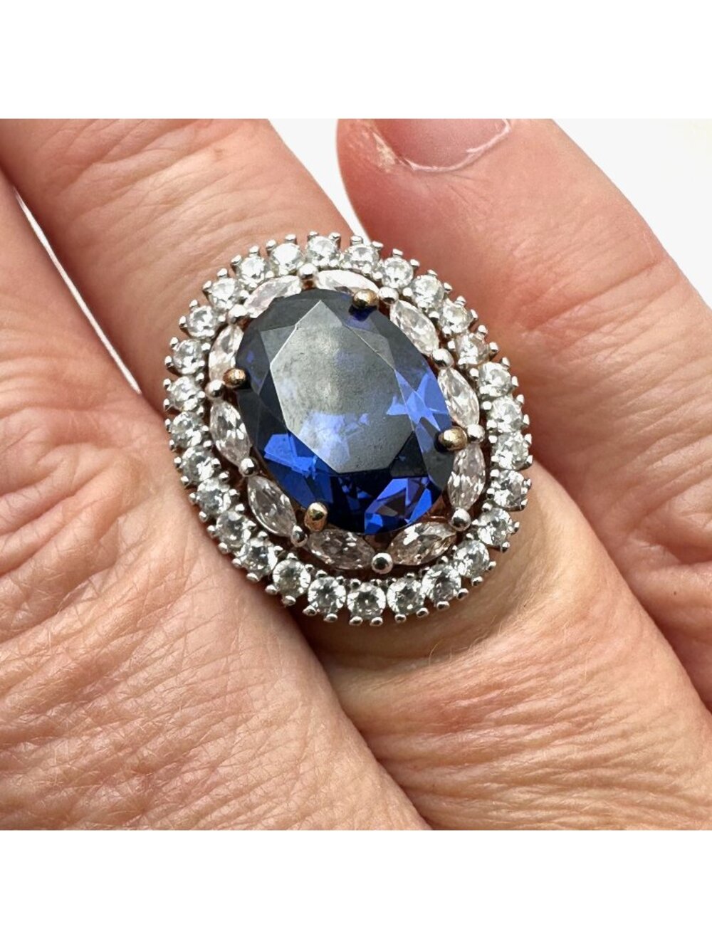 Blue Spinel Ring Oval Cut Halo Statement Gold Plated Sterling Silver Size 8
